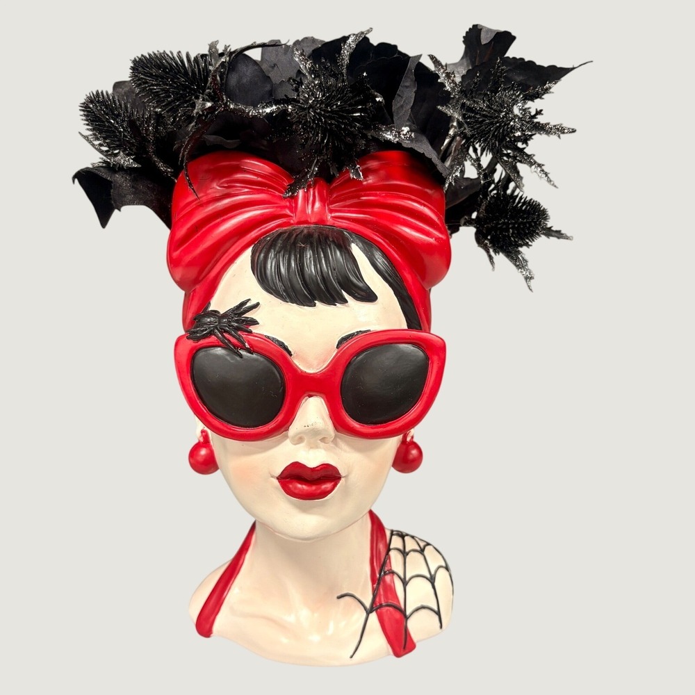 Halloween Rockabilly Lady Head Bust Red Black Spider Web Goth Pinup Decor